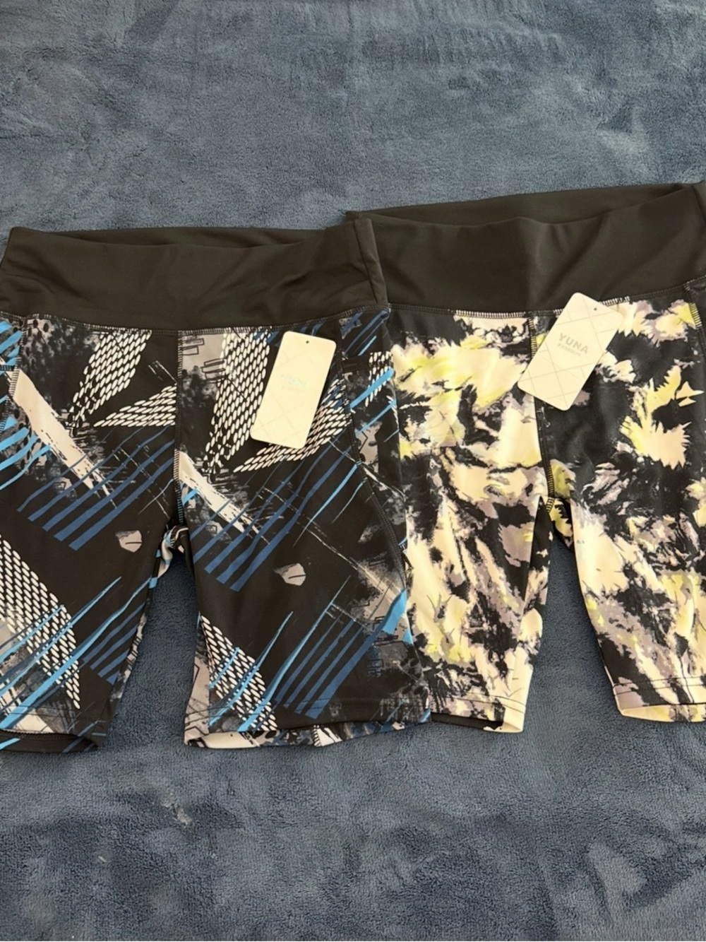 YUNA Athletic Bike Shorts Pair - Abstract Black with Blue & Yellow Prints